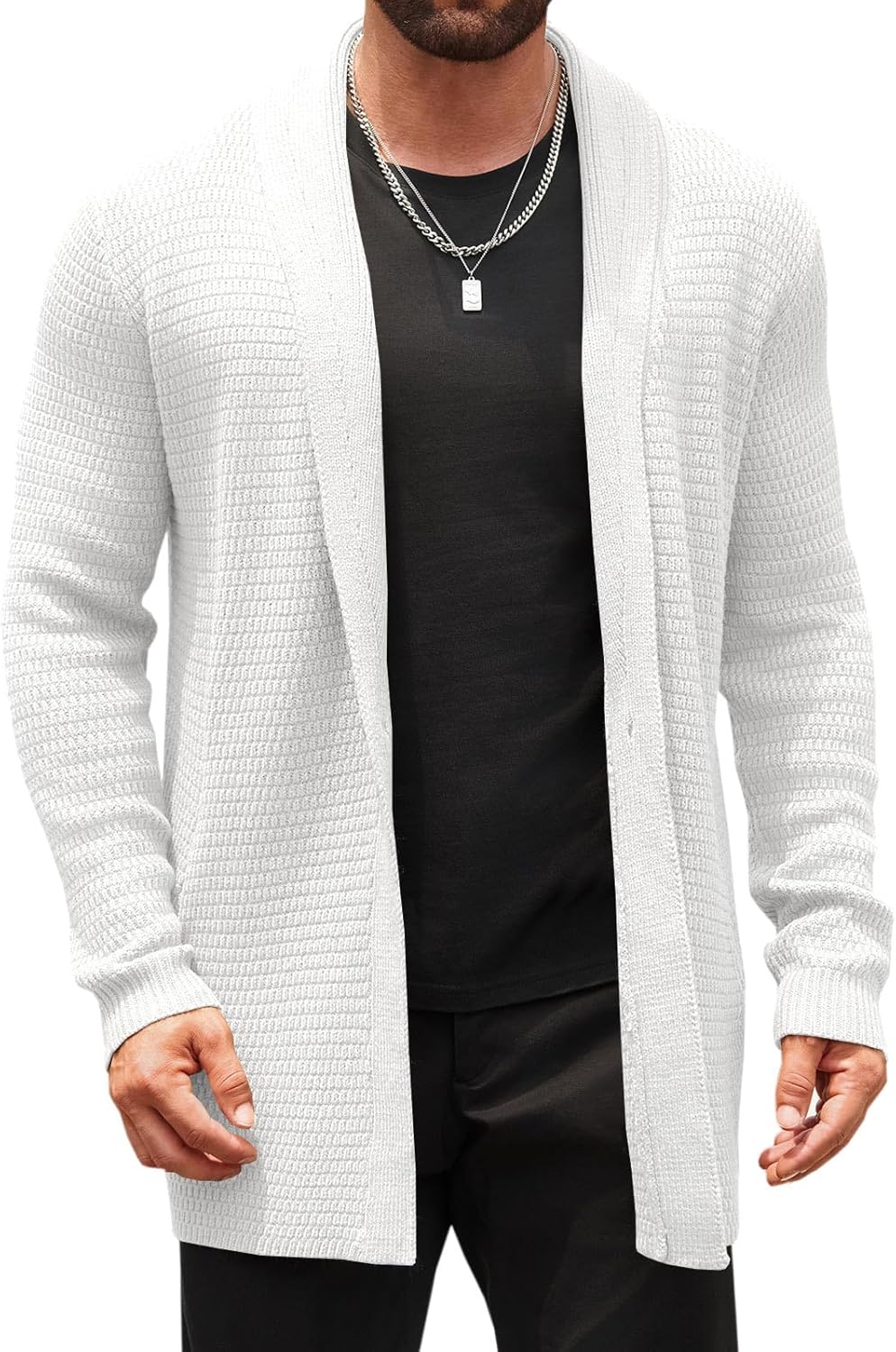 Mens Cardigan Sweater Shawl Collar Cable Knit Cardiagn Long Winter Open Front Sweaters with Pockets