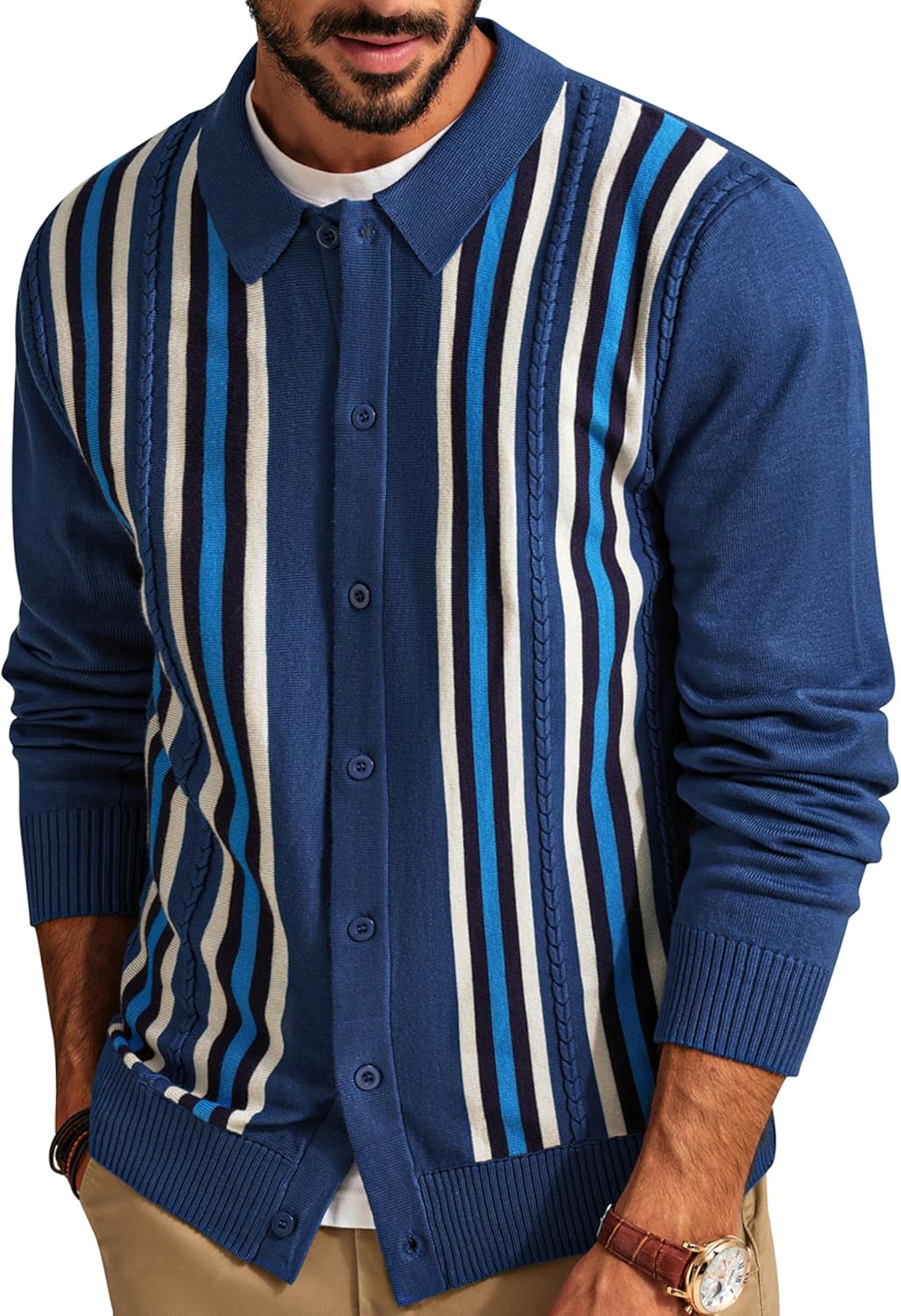 Mens Vintage Striped Knit Polo Shirt Long Sleeve Button Down Cardigan Sweater